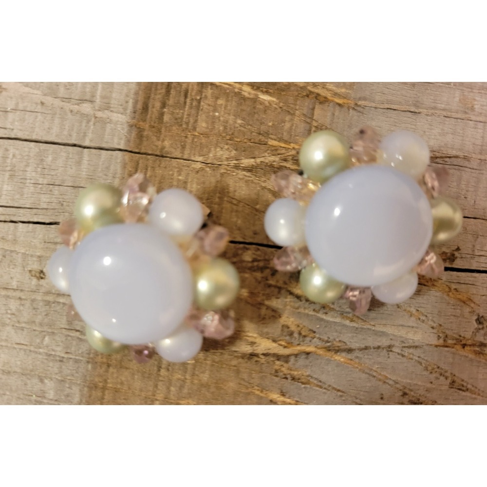 Vintage Flower Clip On Earrings‎ Pearl Beaded Statement Elegant - Picture 9 of 14